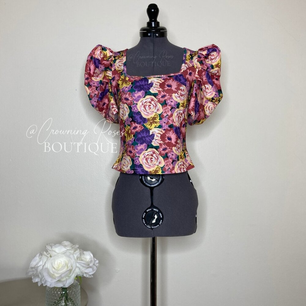 NEW XS SHEIN Puff Sleeve Square Neck Pink and Purple Floral Top